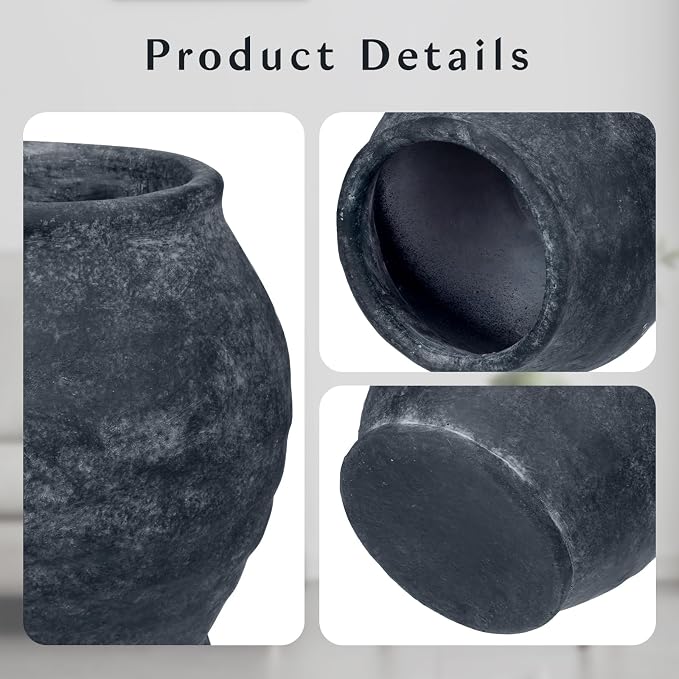Briful Rustic Vintage Ceramic Pottery Vase, 6.1'' Farmhouse Table Decor with Distressed Texture, Wide Mouth Decorative Jar Vases for Home Decor, Shelf & Entryway, Black