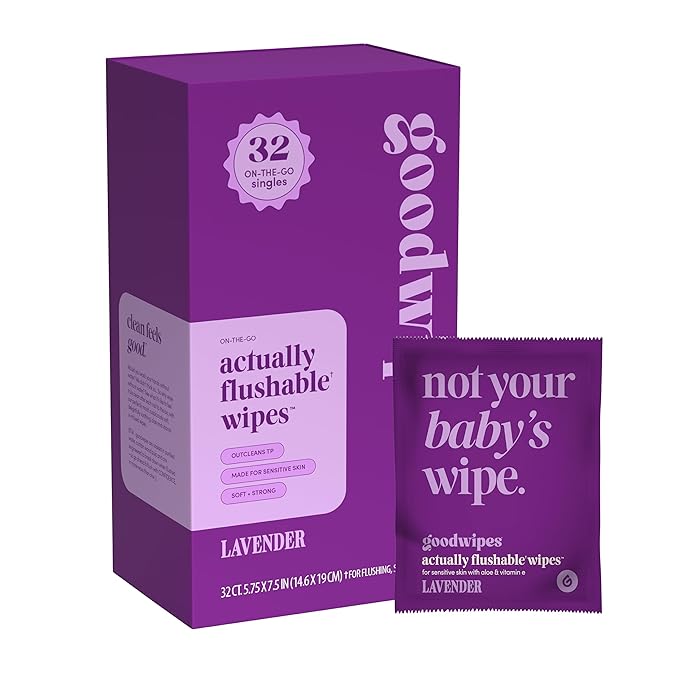 goodwipes Flushable Wipes for Women - Lavender Individually Wrapped Travel Butt Wipes To Go, Mini Purse & Festival Essentials for Adults, pH Balanced for Feminine Hygiene, 32 Count (1 Pack)
