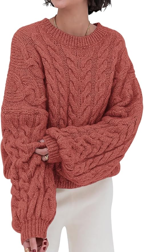 PRETTYGARDEN Womens Sweaters Spring 2026 Cable Knit Long Sleeve Crewneck Oversized Sweater Chunky Pullover Loose Outfits