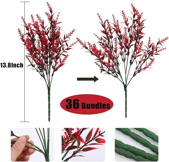 RECUTMS Spring Fall Decoration,Fake Greenery,Artificial Red Flowers Outdoor | 36 Pcs Fake Lavender Plants Indoor UV Resistant Plastic Faux Bouquets for Outdoors Home Garden Porch Thanksgiving Decorations