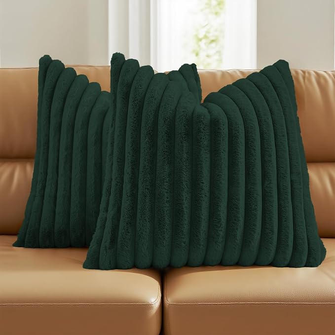 FUTEI Pack of 2 Faux Fur Throw Pillow Covers 16x16 Inch, Dark Green | Fluffy Faux Rabbit Fur Front/Premium Velvet Back,Hidden Zipper,Machine Washable,Non-Shedding,Colorfast,Insert Not Included.
