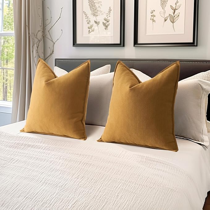MIULEE Pack of 2 Mustard Yellow Euro Shams Chenille Pillow Covers 22x22 | Decorative Soft Couch Throw Pillows,Farmhouse Cushion Covers,Elegant Design for Sofa,Bed,Living Room,Summer Decor