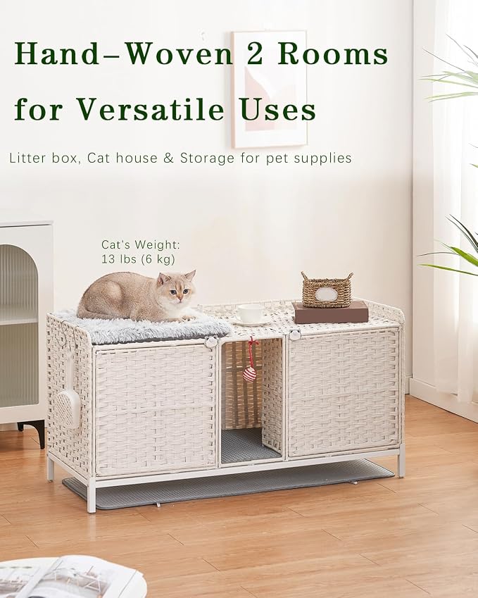 SETVSON Cat Litter Box Enclosure for 2 Cats, PE Rattan Kitty House, White | Handwoven PE Rattan with 2 Absorbent Mats, 3.2-In Heightened Metal Feet, 2 S-Hooks, 47.3 x 19.7 x 24 Inches Cabinet