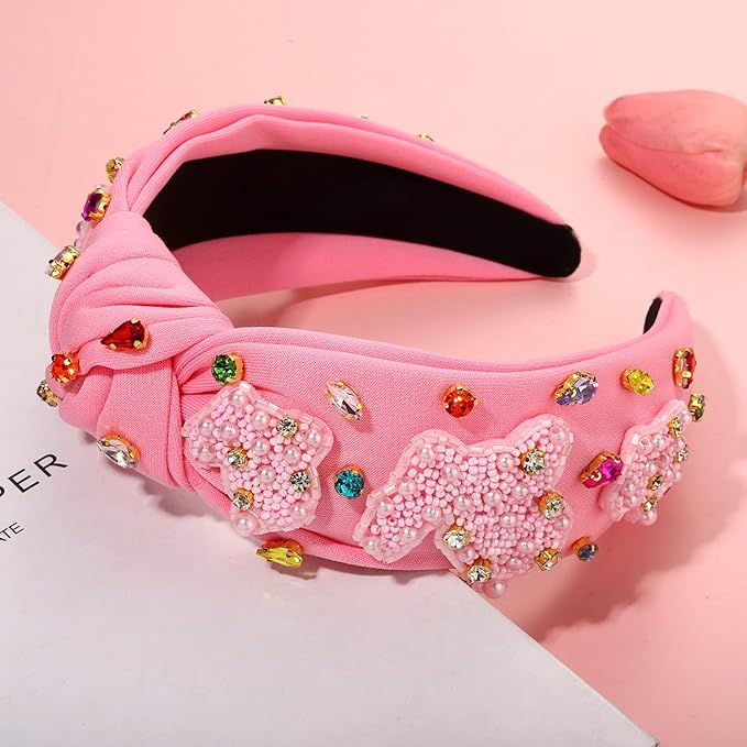 mokkia Easter Headbands Beaded Rabbit Bunny Headband for Women Pink Spring Knotted Headband Easter Hair Accessories Gifts