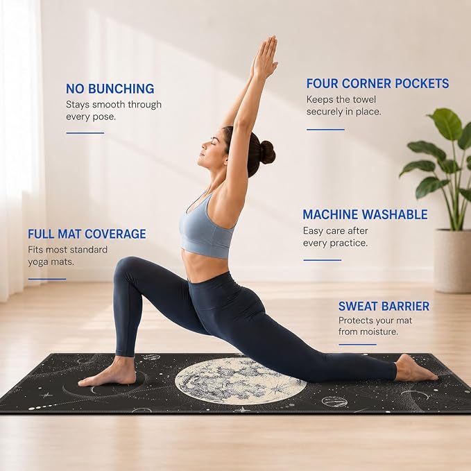 Yoga Mat Towel, Hot Yoga Non Slip with 4 Corner Pockets, 74 x 26 in | Soft Absorbent Microfiber With Four Corner Pockets, Fits Over Yoga Mats For Hot Yoga, Pilates, Gym, And Travel