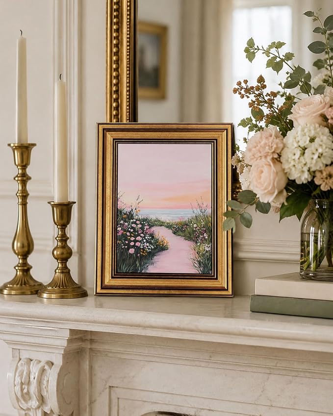 Gold Framed Wall Art, Pink Coastal Seascape Canvas Prints, Pink Sky Beach Wildflower Landscape Picture Wall Decor, Dreamy Beachy Aesthetic Artwork for Living Room Bedroom 9x11 inch