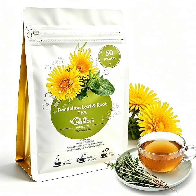 Samcci - Dandelion Leaf & Root Tea bags, 50 Teabags, Natural Roasted Dandelion Herbal Tea for Liver & Kidney Health, Support Digestion & Enhance Immune System, Caffeine Free