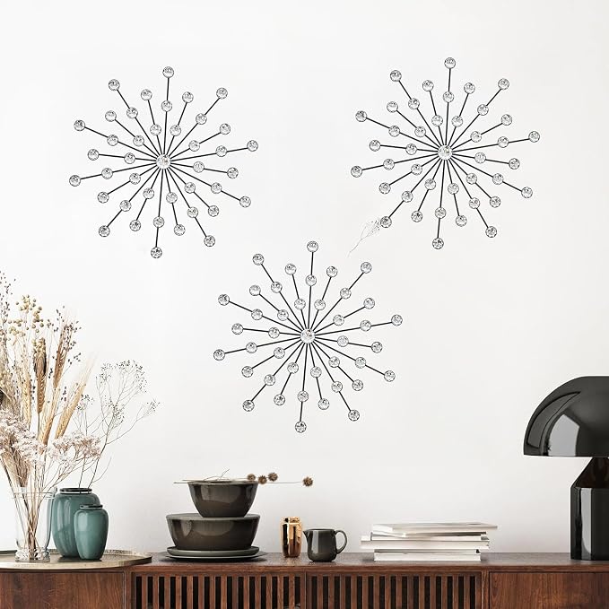 ZEXUIRU 3 Set Black Starburst Wall Art for Home Decor Metal Bling Crystal Rhinestones Sunburst Wall Decor Sparkling Rhinestone Art Accent Black - 18in