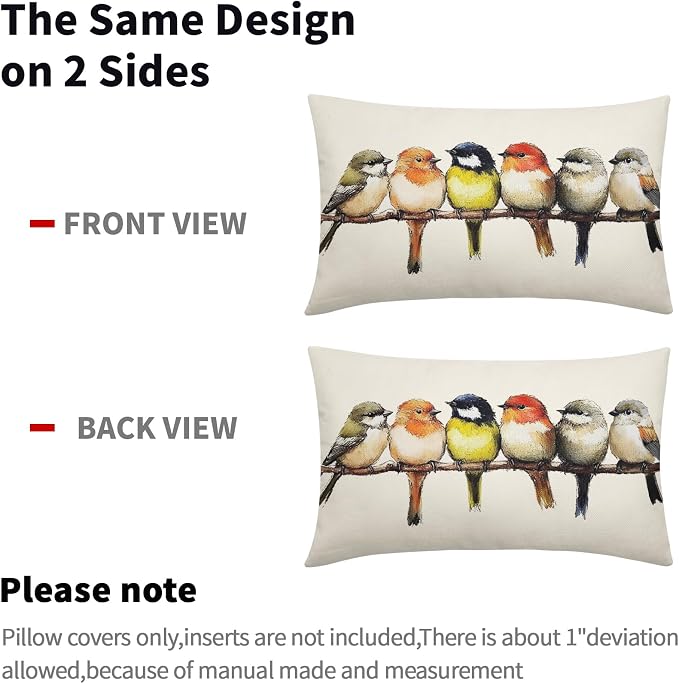 Oil Painted Birds Lumbar Pillow Covers 12x20 Inch Set of 2 Cute Spring Summer Bird Rustic Decorative Pillow Cases Outdoor Linen Square Cushion Cover Farmhouse Decor for Bedroom Home Sofa Couch Bed