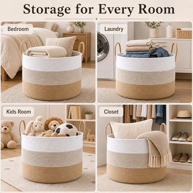JMvicyroam 65L Extra Large Machine Washable Cotton Rope Blanket Basket | Collapsible laundry hamper, Reinforced handles, For blankets,pillows,toys and clothes, Living room and bedroom,White&Jute Mix