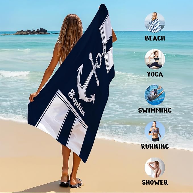 JML Personalized Beach Towel with Name, Custom Anchor Beach Towel, Customized Microfiber Pool Towel, Quick Dry & Absorbent Swim Towel for Adult,Anniversary, Birthday, Summer Holiday,Vacation