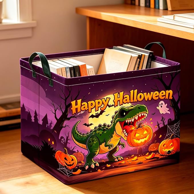 CLOCOR Rectangular Storage Basket Empty,Gift Basket,Waterproof Storage Bin with Handles,Room Decor(Dinosaur Pumpkin Halloween)