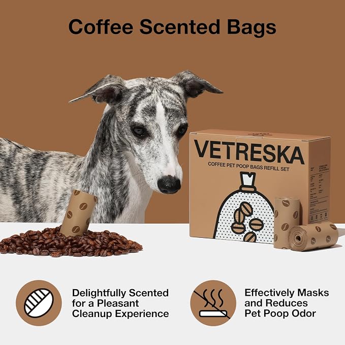 VETRESKA Dog Poop Bags, Coffee Scented Waste Bags, 300 Count | Leak Proof, Extra Thick and Large Pet Bags for Dogs and Cats (20 Refill Rolls)