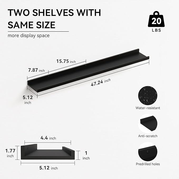 Boswillon Floating Shelves Set of 2, Long Wall Shelf with Lip, 48in, Black | Display Ledge Shelf for Room Wall, Wall Decor Shelves for Bathroom, Living Room, Bedroom, Kitchen, Nursery Room, Modern, Wood