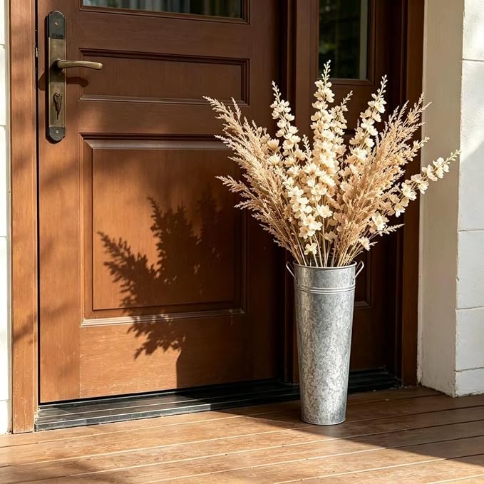 Hosley Set of 2 Galvanized French Bucket with Handles & PVC Liner, 6" Dia x 15" H for Weddings, Parties, Country Picnics, Floral Arrangements, Tableware Storage, or Gardens - Rustic Farmhouse Décor