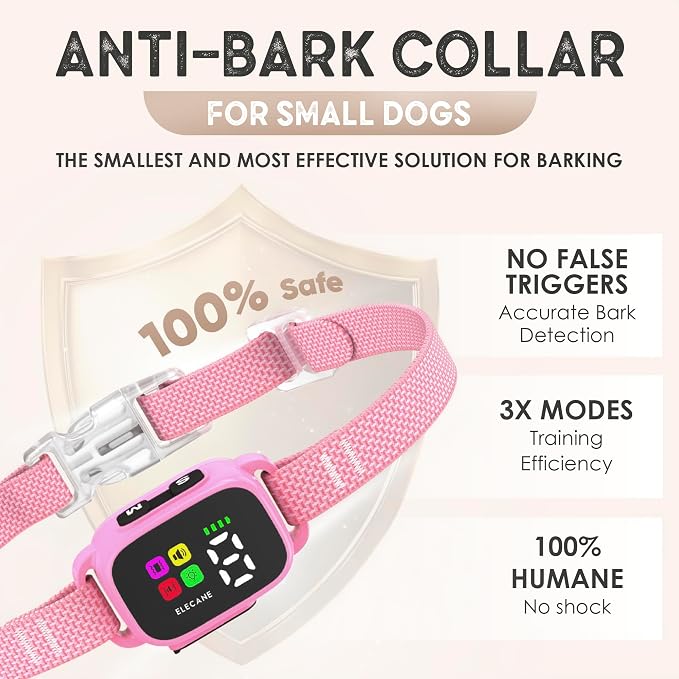 Tiny Bark Collar for Small Dogs 5-15 lbs and Puppies - No Shock Anti Barking Collar - Rechargeable Smart Collar for Dog Training with 7 Sensitivity Levels and 3 Beep&Vibration Modes (Pure Pink)