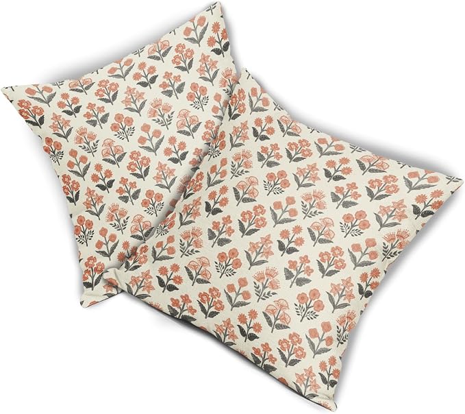 Orange Black Floral Pillow Covers 22x22 Inch Set of 2, Vintage Flower Block Print Pattern Decorative Throw Pillowcases Outdoor Farmhouse Cushion Covers Spring Summer Rustic Sofa Couch Bed Decor