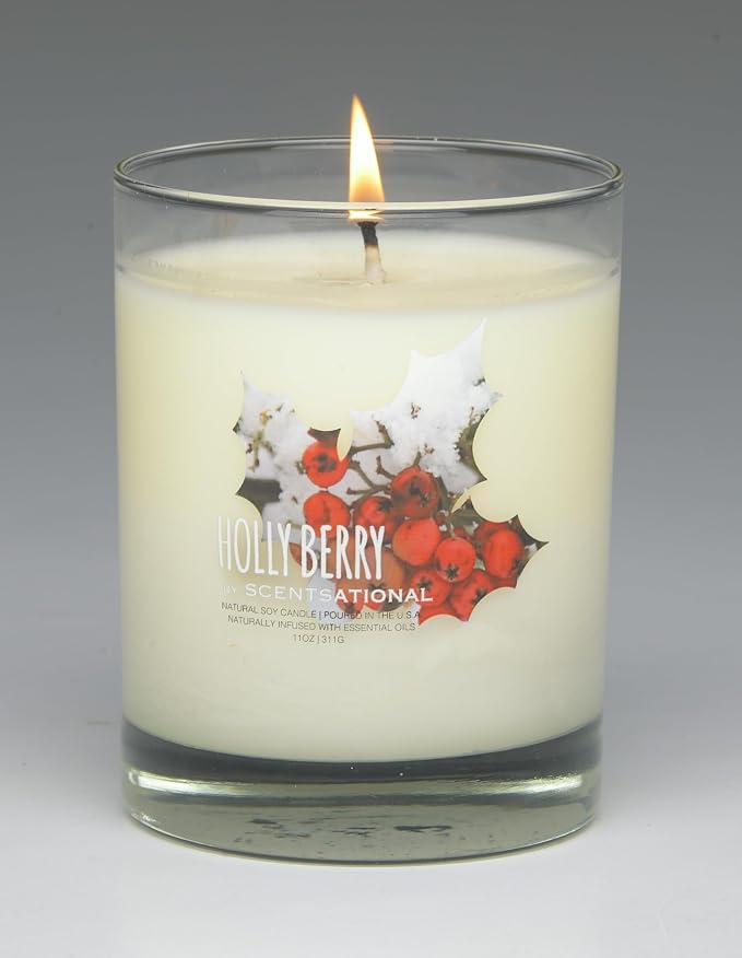 Scentsational Holly Berry Natural Candle, 11 oz, Essential Oil Infused, 50-60 Hour Burn Time, Gift Wrapped