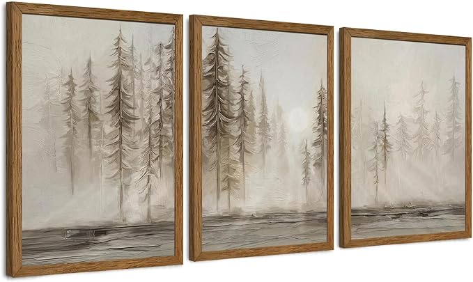 Urmoya 3 Pieces Scandinavian Pine Tree Neutral Forest Wall Art 12x16 in | Wood framed canvas, Forest scene, Nordic modern style, Ready to hang, for living room, hallway, office, or bedroom decor
