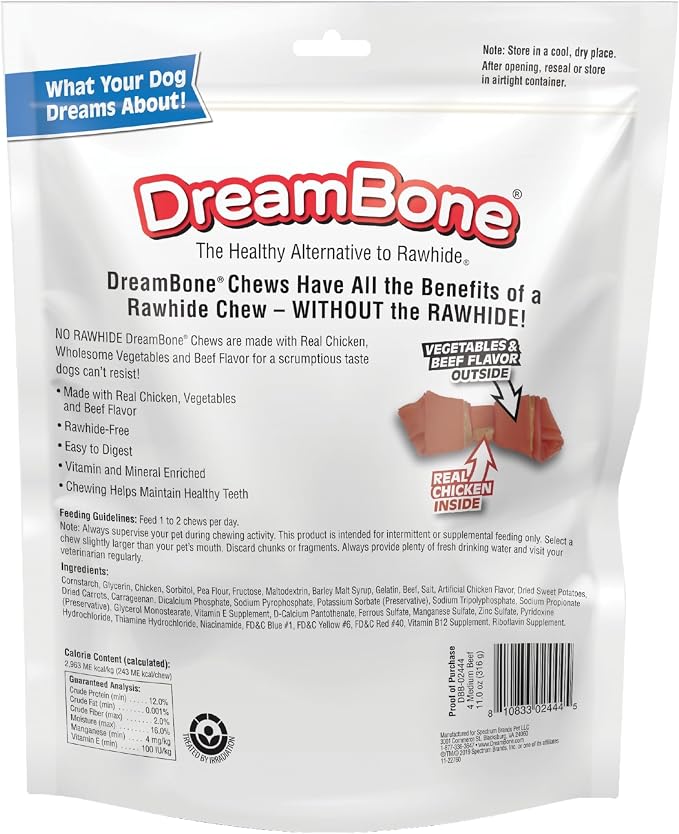 DreamBone Chews, Medium Rawhide Free Dog Bones Made With Real Beef, Chicken and Vegetables, 4 Count | Daily Chew, Digests Safely and Completely, Made With Real Chicken and Veggies, For Adult Dogs