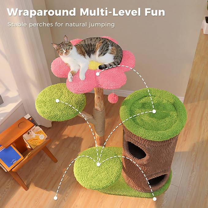 MUTTROS Flower Wood Cat Tree, 53.5" Modern Cat Tower with 2 Condos | Natural solid wood scratching post, durable 2 condos and forest-style design for indoor and multi-cat households