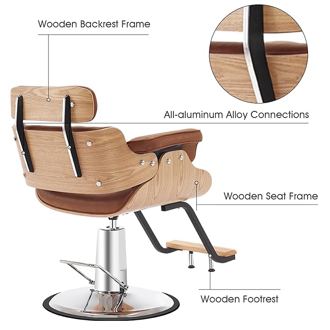 BarberPub Bend Wooden Salon Chair Hydraulic Chair Hair Cutting Beauty Spa Styling Equipment 8261(Brown)