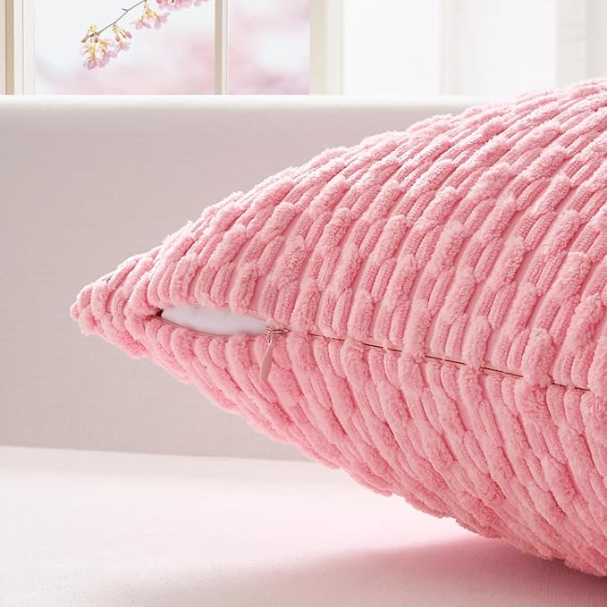 Kevin Textile Soft Corduroy 14"x24" Lumbar Pillow Cover 1 Pack, Pink | Boho Stripe Plush Corduroy Decorative Oblong Cushion Cover Modern Farmhouse Home Decor for Sofa Couch Bed Chair
