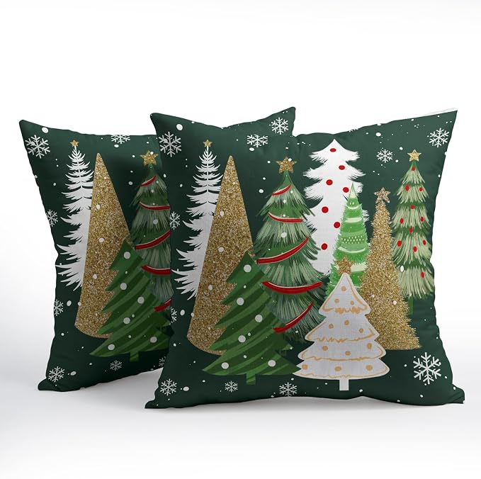 Kawani Christmas Tree Throw Pillow Covers 20x20 Inches Pack of 2 Gold Green Xmas Trees Cotton Linen Square Pillow Couch Sofa Cushion Case with Hidden Zipper for Winter Holiday Home Decor