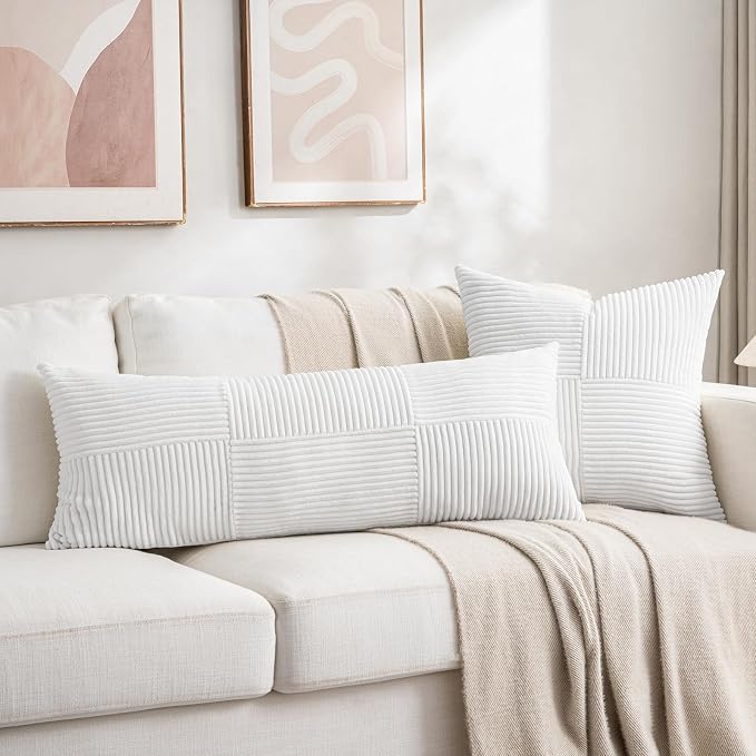 Fancy Homi Set of 1 White Boho Long Lumbar Body Decorative Throw Pillow Cover 21x54 Inch for Bed Couch Bedroom Bench, Soft Patchwork Corduroy Textured Pillow Case, Rustic Farmhouse Room Decor