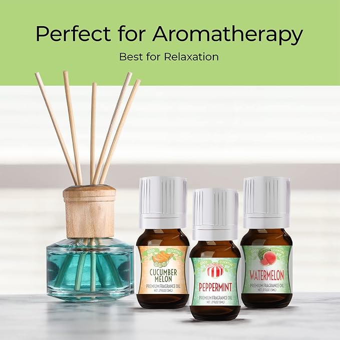 Good Essential Fruity Fruits Fragrance Oil Set Pack of 10 - 5ml Set - Strawberry, Apple, Watermelon, Pineapple, Cucumber Melon, Red Cherry, Mango, Peppermint, Lemon, & Orange - Candle Fragrance Oil
