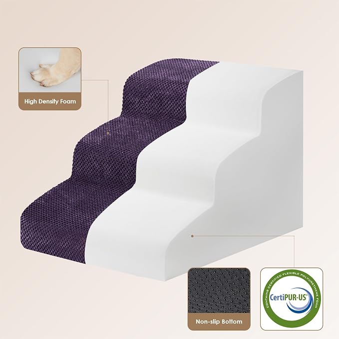 EHEYCIGA Curved Dog Stairs Ramp, 3-Step Dog Steps, 15.7" H Pet Step | 33D density of pure foam, for Small Dogs and Cats, Pet Stairs for High Bed Climbing, Non-Slip Balanced Indoor, Purple