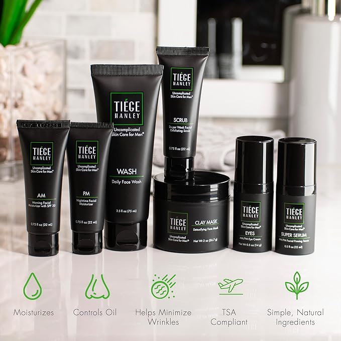 Tiege Hanley Skin Care Set for Men, Revitalization Routine, System Level 4, Face Wash, Scrub, Moisturizers, Eye Cream, Serum, & Clay Mask for Healthy, Hydrated Skin, Men’s Skin Care, 7 Piece Kit