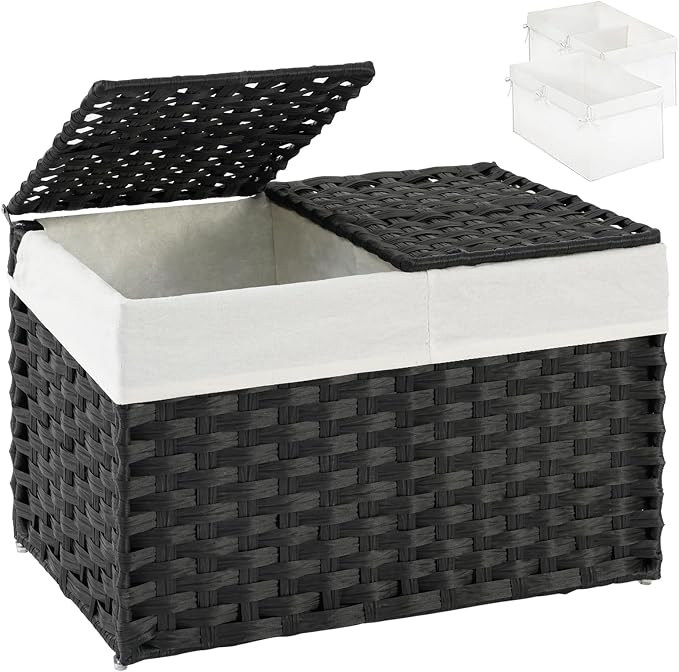 SETVSON Storage Basket with Lid PE Rattan Woven Storage Bins, 65L Black | 65L Storage Bin with 2 Separate Lids, 2 Removable Liner Bags with Divider, Sturdy Metal Frame, Foldable Side Handles