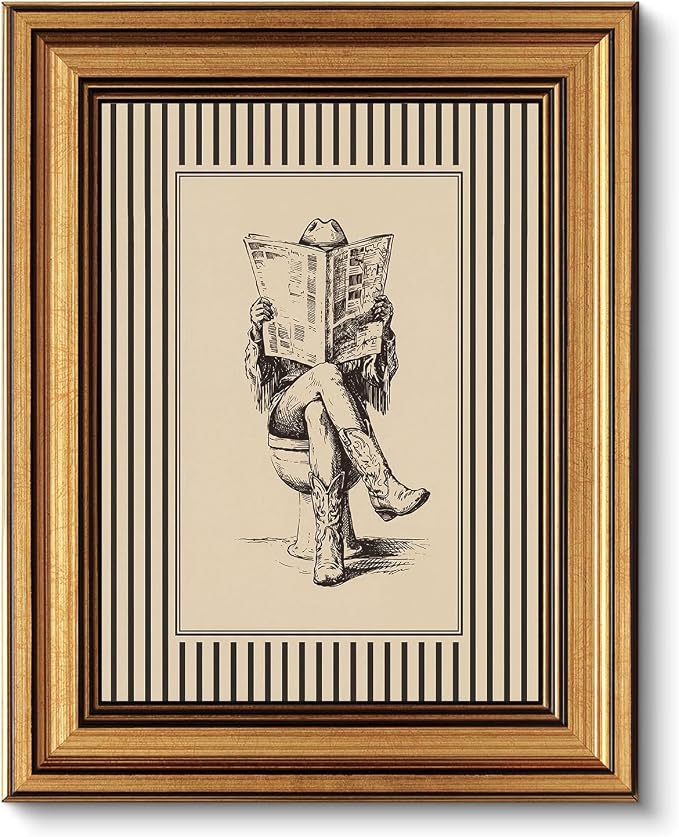 Gold Framed Wall Art, Funny Western Cowgirl Bathroom Canvas Prints, Cowgirl Reading Newspaper on Toilet Picture Wall Decor, Neutral Rustic Farmhouse Artwork for Bathroom Restroom 9x11 inch