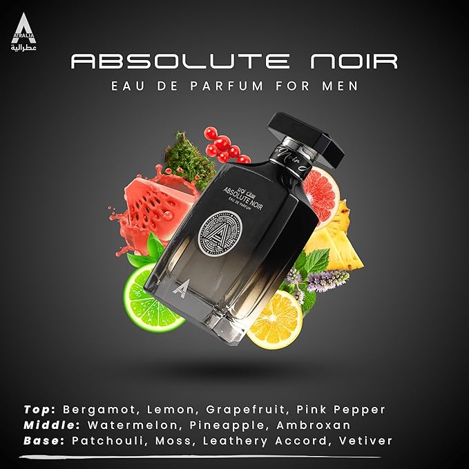 Atralia Absolute Noir Eau De Parfum for Men 100Ml 3.4Oz - Luxurious and Long Lasting Fragrances with Top Notes of Bergamot, Lemon, Grapefruit, Pink Pepper