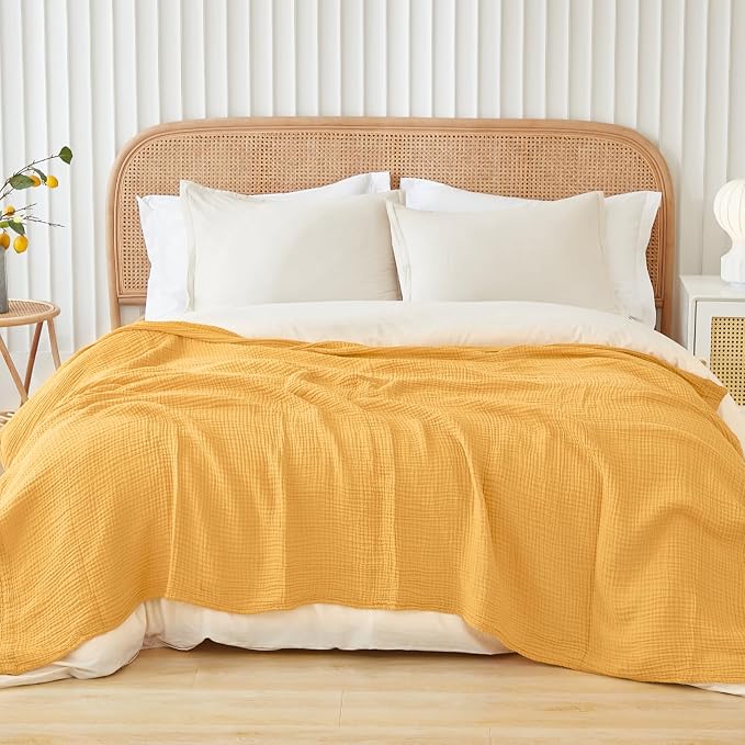 EMME Cotton Muslin Large Throw Blanket Couch Breathable Gauze Soft Lightweight Bed Blankets Adults (Heather Yellow, 50"x70")