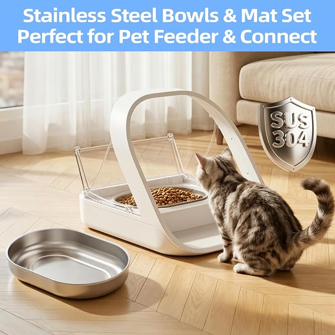 Stainless Steel Bowl and Mat Set for Automatic Microchip Cat Pet Feeder, Sealing Ring Design for Keeping Food Fresh and Reducing Odor, Easy to Clean, SUS 304, Includes 2 Bowls and 1 Mat