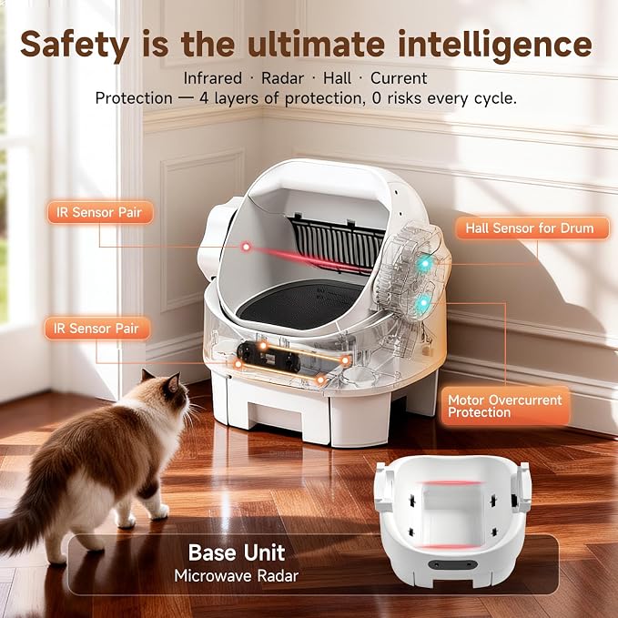 XL Automatic Self Cleaning Open Top Cat Litter Box, White | Multi-Sensor Safety, Ultra-Quiet, Easy Setup, Large Waste Bin, Easy to Clean, for Multi-Cat Homes
