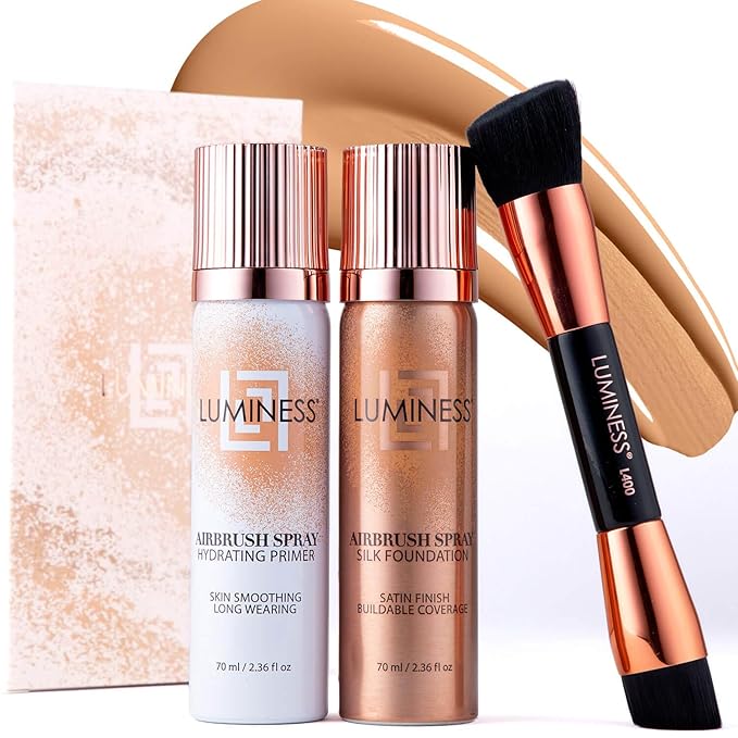 LUMINESS Complete Makeup Kit - Includes Face Palette, Airbrush Foundation, Primer and Brush - Silky, Long-Wearing, Easy to Blend, Perfect Makeup for Older Women, 4-PC Make Up Set (06 - Light Warm)