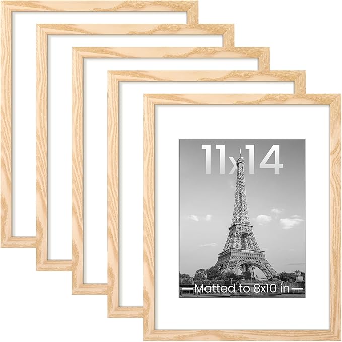 upsimples 11x14 Picture Frame, Gallery Wall Frames Set of 5, Natural Style | Photo Frame Collage Wall Decor, 11 x 14 Frame, 8x10 Frame with Mat for Family, Baby, Hallway, Diamond, Christmas