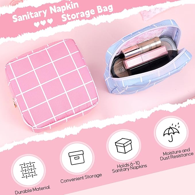Period Bag Pouch Soft Cloth Sanitary Napkin Storage Bag Portable Menstrual Pad Pouches Tampon Holder for Purse First Period Kit for Girls 9-12 (Purple-White Check)