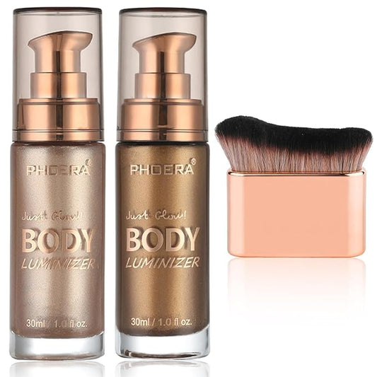 PHOERA Body Shimmer Oil,Waterproof Long Lasting Moisturizing Body Luminizer Glow, Illuminator Highlighter for Face with Makup Bursh, 1oz/Jars(101+103/ Rose Gold+Glistening Bronze)