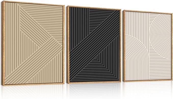 BINCUE Framed Neutral Wall Art Black Geometric Artwork Abstract Wall Decor for Living Room Bathroom Bedroom Office 12x16 Inch Set of 3