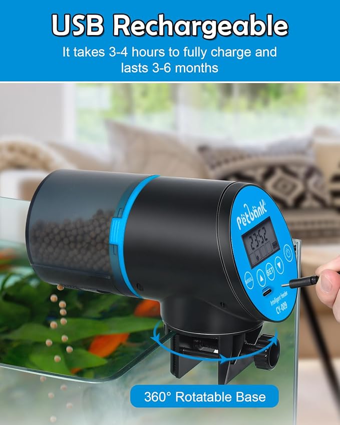 Automatic Fish Feeder for Aquarium Easy Setup & 4 Timers Blue | 200ML Rechargeable Auto Food Dispenser for Flakes & Pellets, LCD Display, Vacation Feeding for Small Tank Betta Koi Turtle