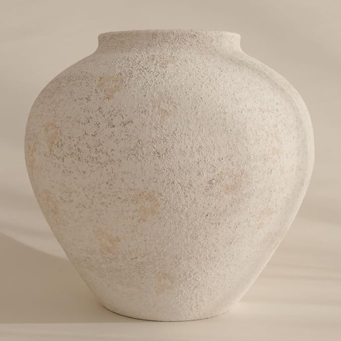 SilkSerenade Large White Round Vase for Flowers & Table Centerpieces - 11 Inch Rustic Textured Earthy Stone Look, Matte Big Vessel Decorative Arina Modern Farmhouse Wabi Sabi Decor Living Dining Room