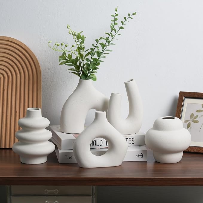 CUCUMI Ceramic Flower Vase Set of 5 Modern Boho Style Decorative Vases | Farmhouse Vases Home Decor, Matte Ceramic Decorations for Living Room, Bookshelf Mantle Entryway Table or Console Décor