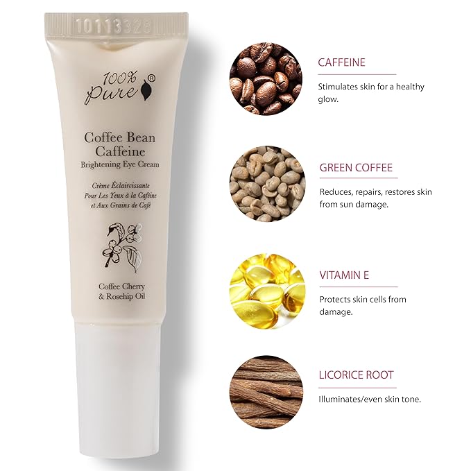 100% PURE Coffee Bean Caffeine Eye Cream Refresh & Hydrate Under Eye Treatment Reduce Puffiness, Dark Circles, Wrinkles with Green Tea, Rose Hip, Vitamin E - Youthful Vibrant Eyes - Vegan - 0.3 oz
