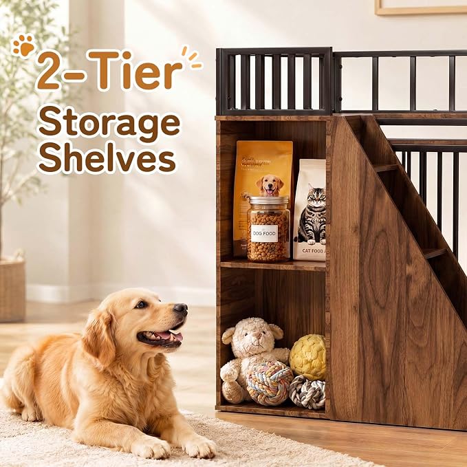 37" Dog Crate Furniture, Wooden Dog Kennel Indoor with Storage (Walnut) | Heavy Duty Pet Cage Indoor for Small & Medium Dogs, Dog Kennel with Storage Shelf, 4 Lockable Wheels and Stairs, Loft-Style