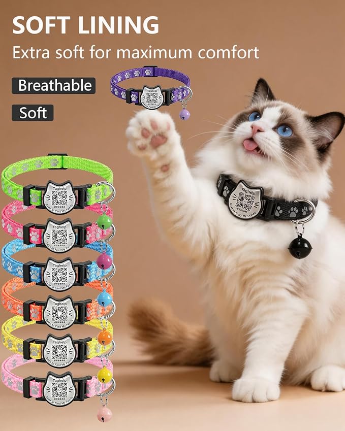 Breakaway Cat Collar with QR Code Tag and Bell (Red & Green) | Reflective Nylon, Quick-Release Buckle