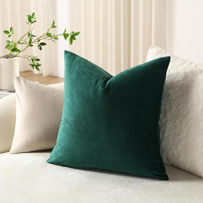 Throw Pillow Covers 22x22 Green: Pack of 2 Cozy Soft Velvet Square Modern Luxury Decorative Throw Pillow Cases for Sofa Couch Living Room Bed Home Decor Christmas